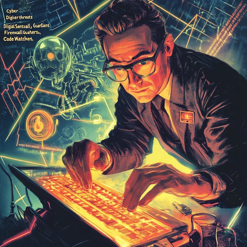 A man in a suit typing on an illuminated keyboard, surrounded by holographic digital elements, including a robotic figure and glowing symbols. The environment features vibrant blue, yellow, and orange tones, representing a cyber-themed atmosphere.
