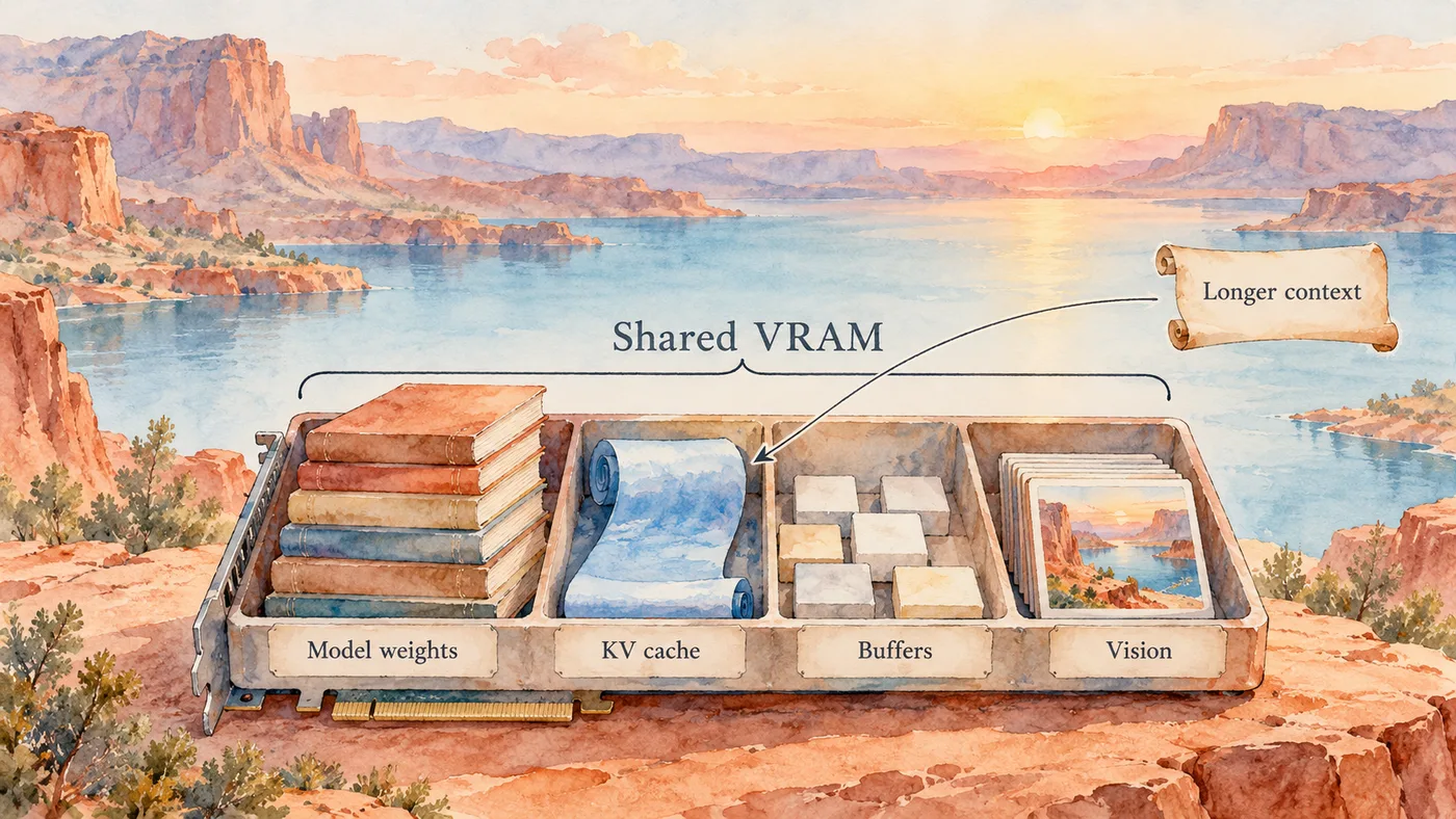 Watercolor graphics-card tray sharing memory between model weights, KV cache, buffers and vision, with longer context pointing to the cache.