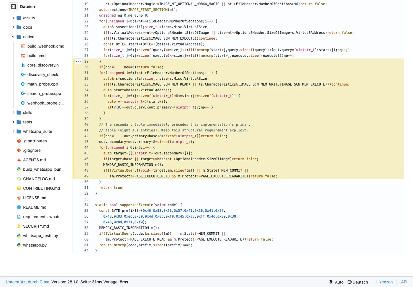 Ghostwire core_discovery.h in Gitea showing fingerprint match checks, the explicit eight-entry vtable relationship and executable-memory validation.