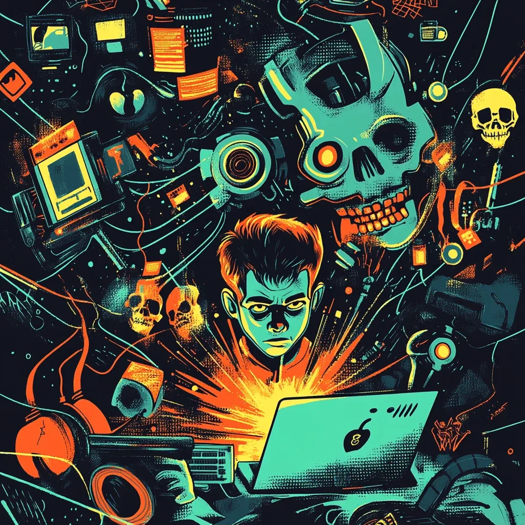 A young man intensely focused on a glowing laptop surrounded by a chaotic array of digital elements, including skull motifs, computer components, and neon-colored wires.
