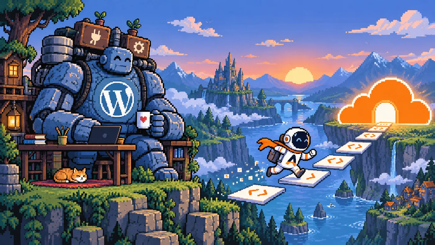 Pixel-art WordPress stone giant at an editor desk while a small astronaut races over HTML tiles toward an orange cloud.