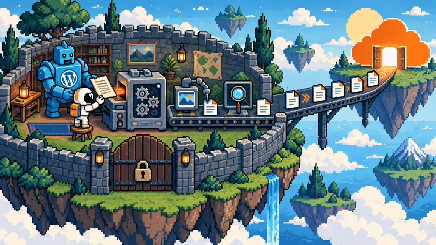 Pixel-art workshop turns manuscripts into checked static documents and sends them along a conveyor to an orange cloud.