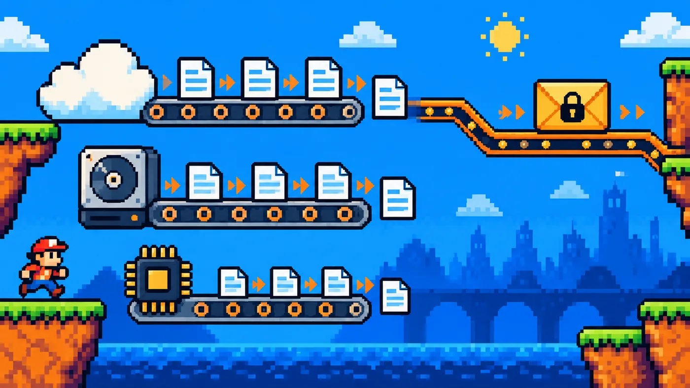 Arcade pixel art of cloud, disk and memory cache layers beside a separate route for private content.
