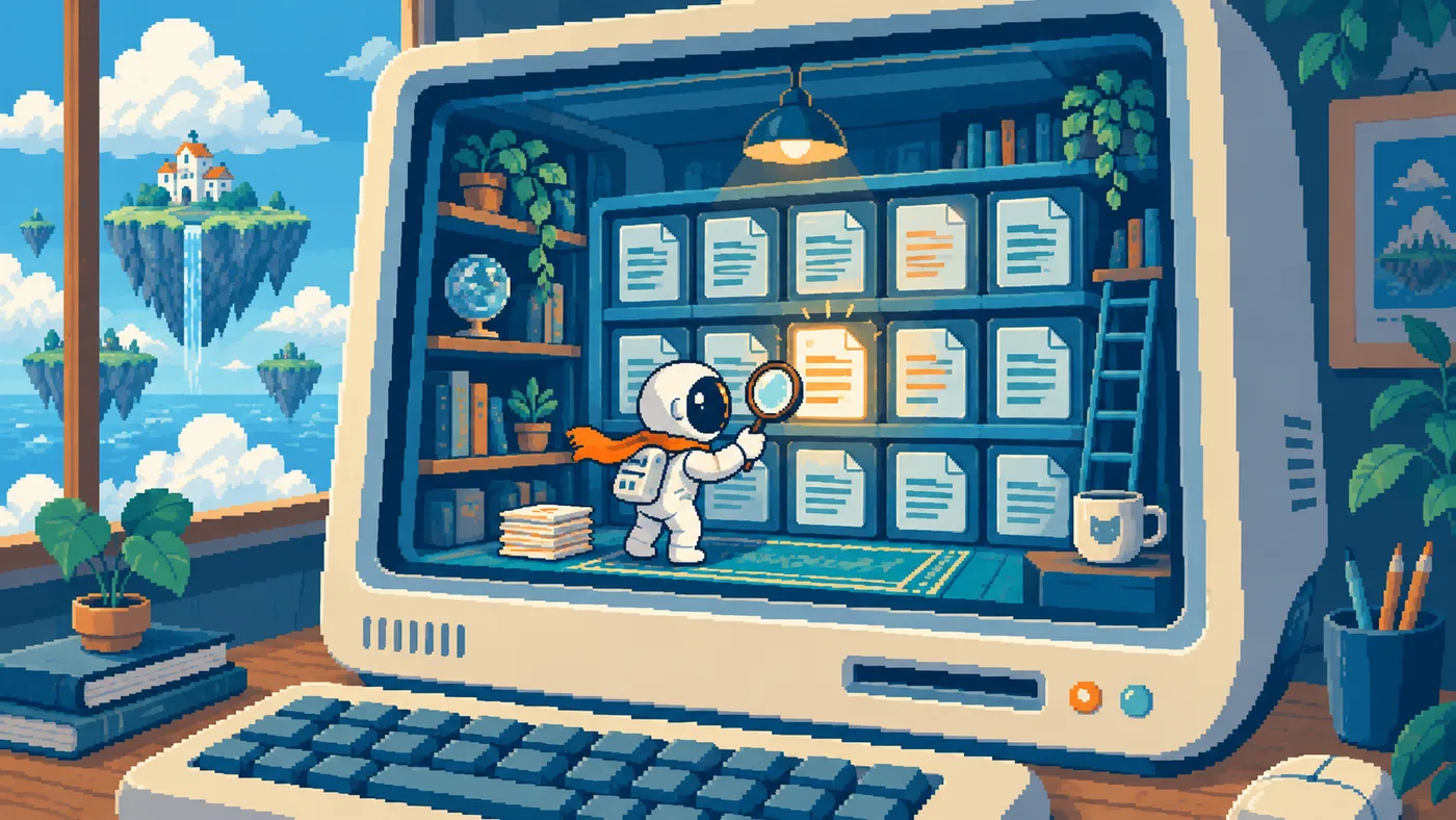 A small pixel-art astronaut uses a magnifying glass to search document shelves inside a retro computer.
